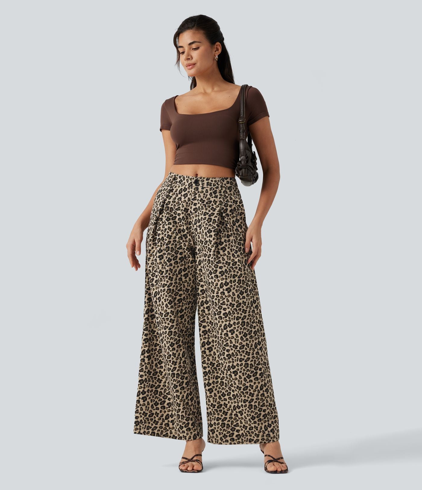 Pantalon large décontracté imprimé léopard taille mi-haute avec poches
