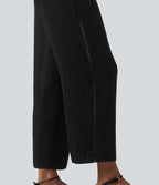 Pantalon droit taille mi-haute aspect lin avec cordon de serrage et poches
