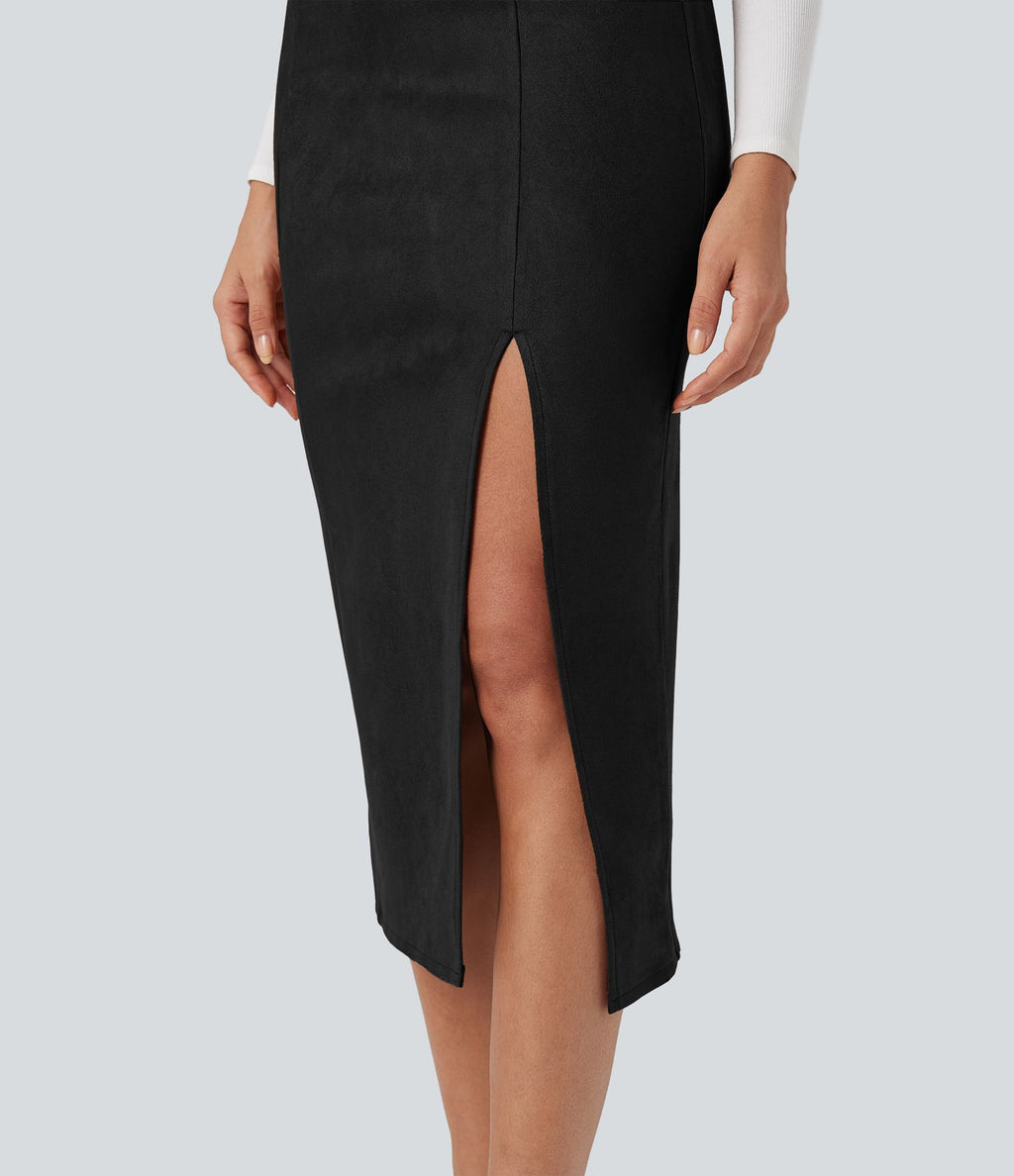 Jupe midi moulante en daim taille haute
