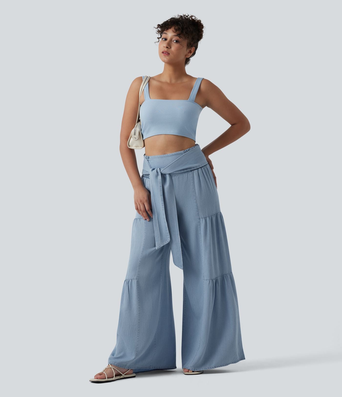 Jean large décontracté drapé taille haute en lyocell avec cordon de serrage et poches