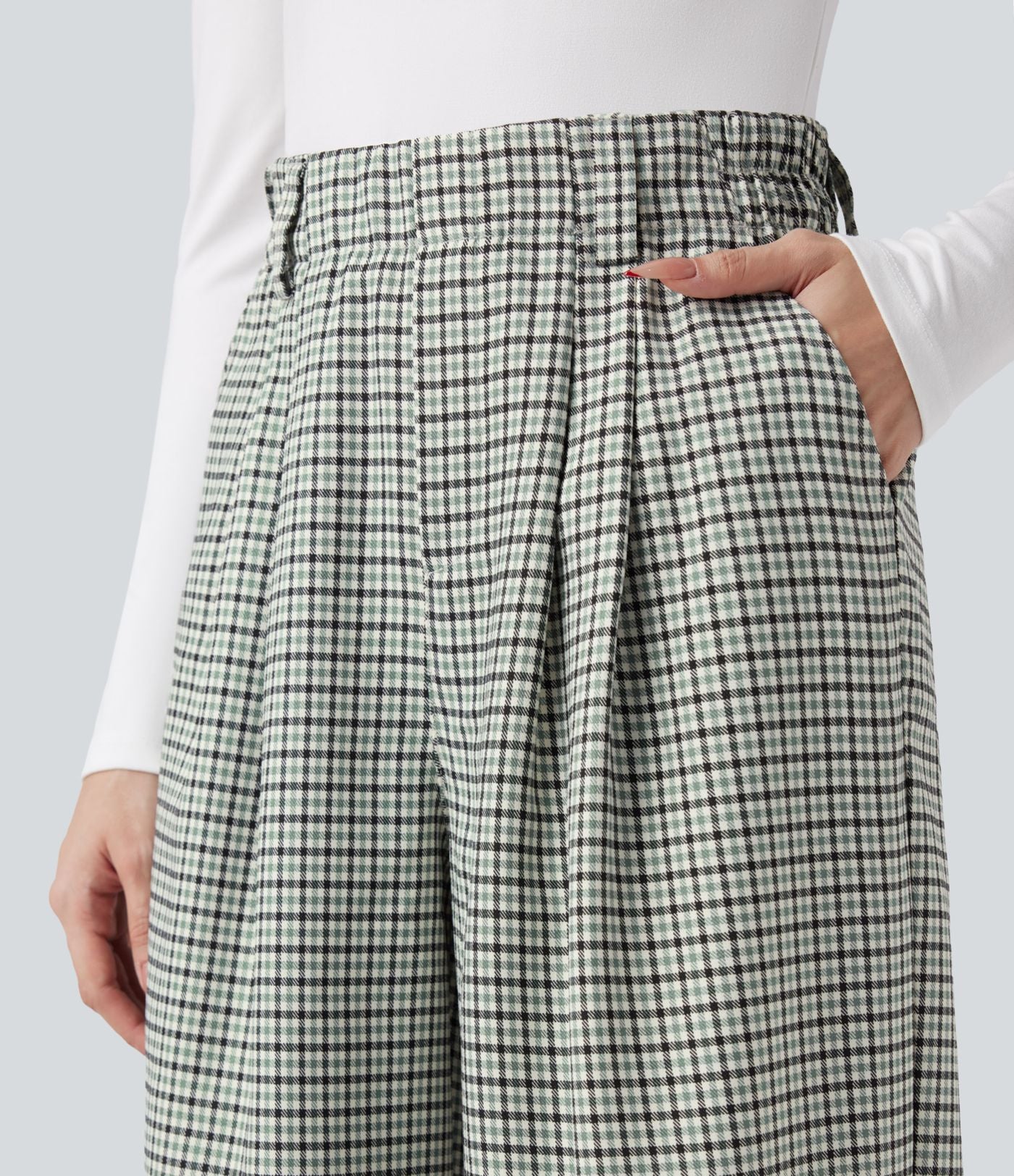 Pantalon tailleur ample taille haute à carreaux avec poches