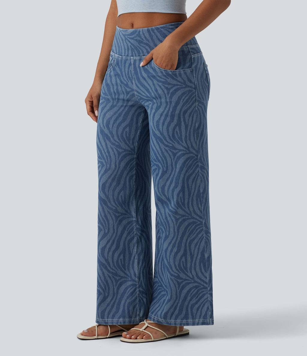 Jean Halara Flex™ jambe large décontracté taille mi-haute effet ventre plat, motif zèbre, avec poches