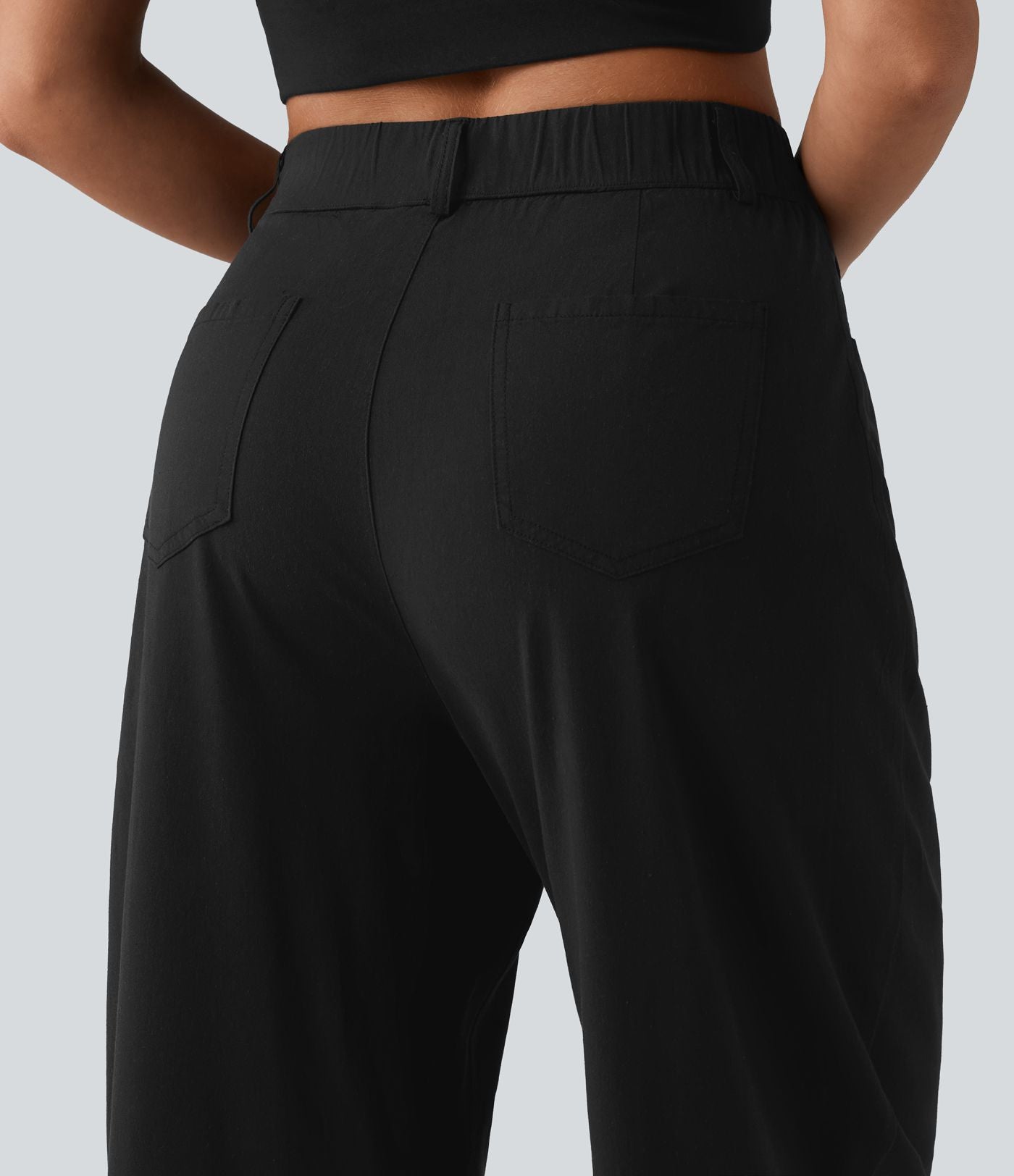 Pantalon casual taille haute en lin stretch coupe barrel avec poches