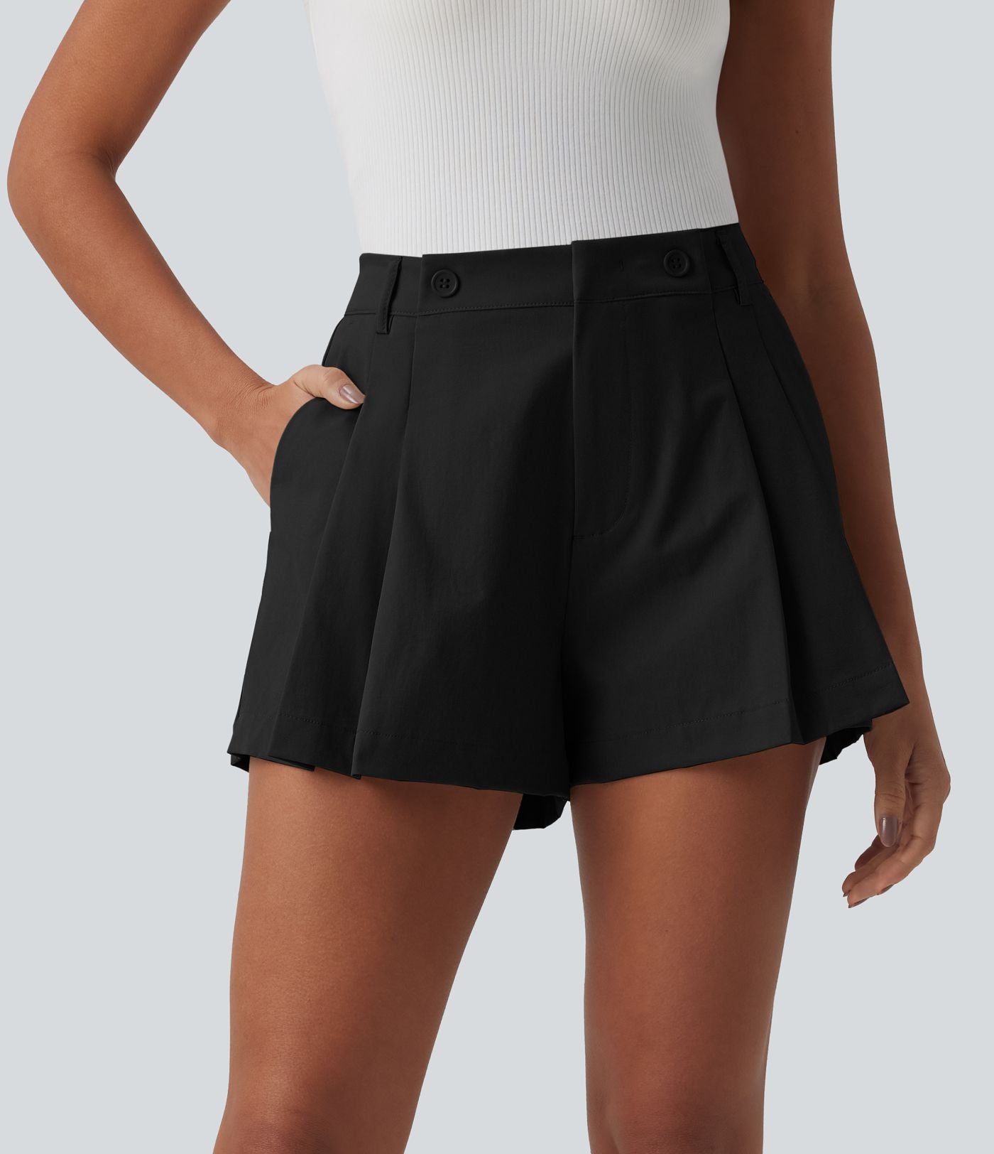 Short casual popeline stretch plissé taille mi-haute 7,5 cm avec poches