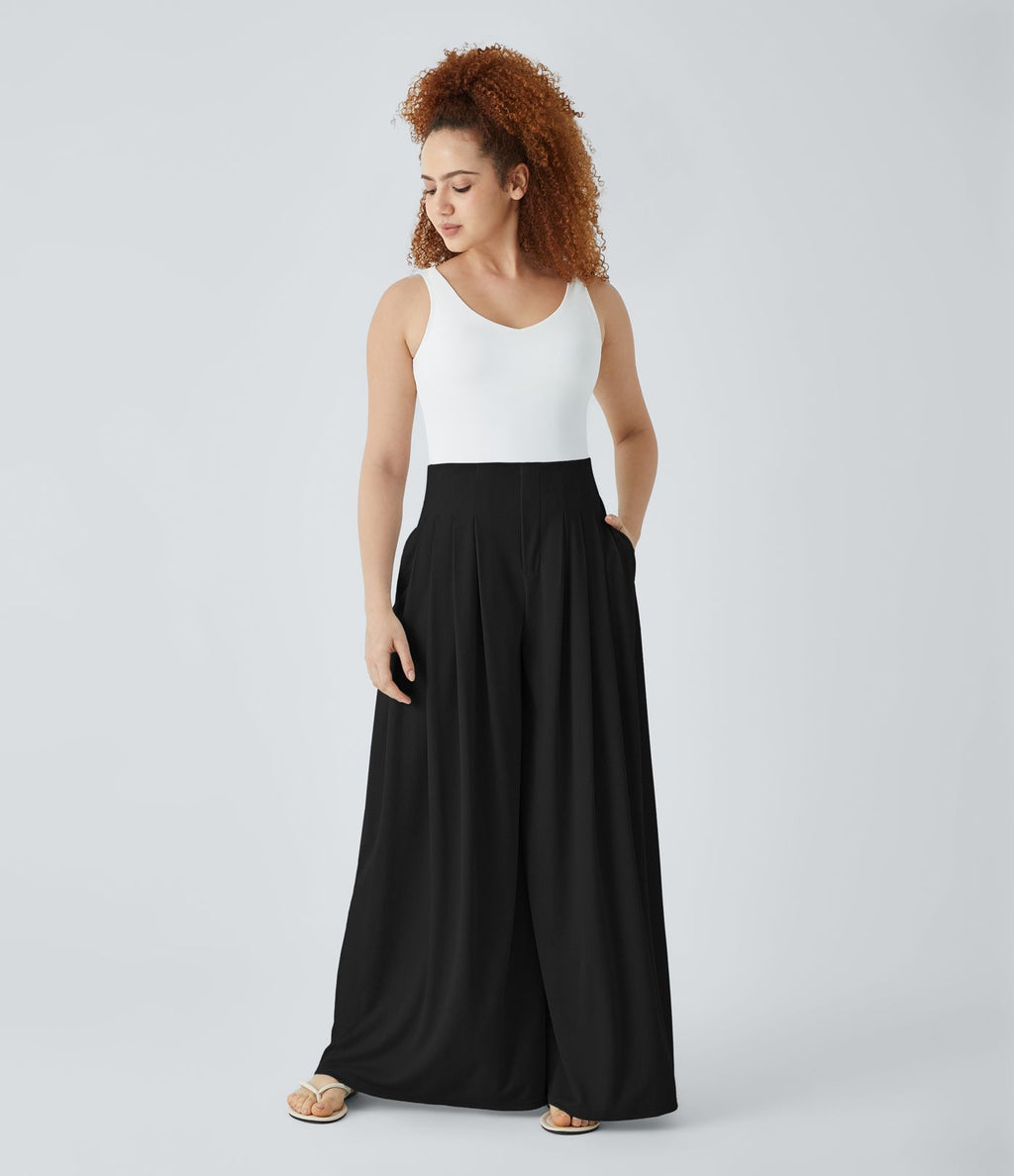 Pantalon décontracté palazzo en maille gaufrée, fluide, large, plissé, taille haute, avec poches
