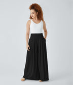 Pantalon décontracté palazzo en maille gaufrée, fluide, large, plissé, taille haute, avec poches