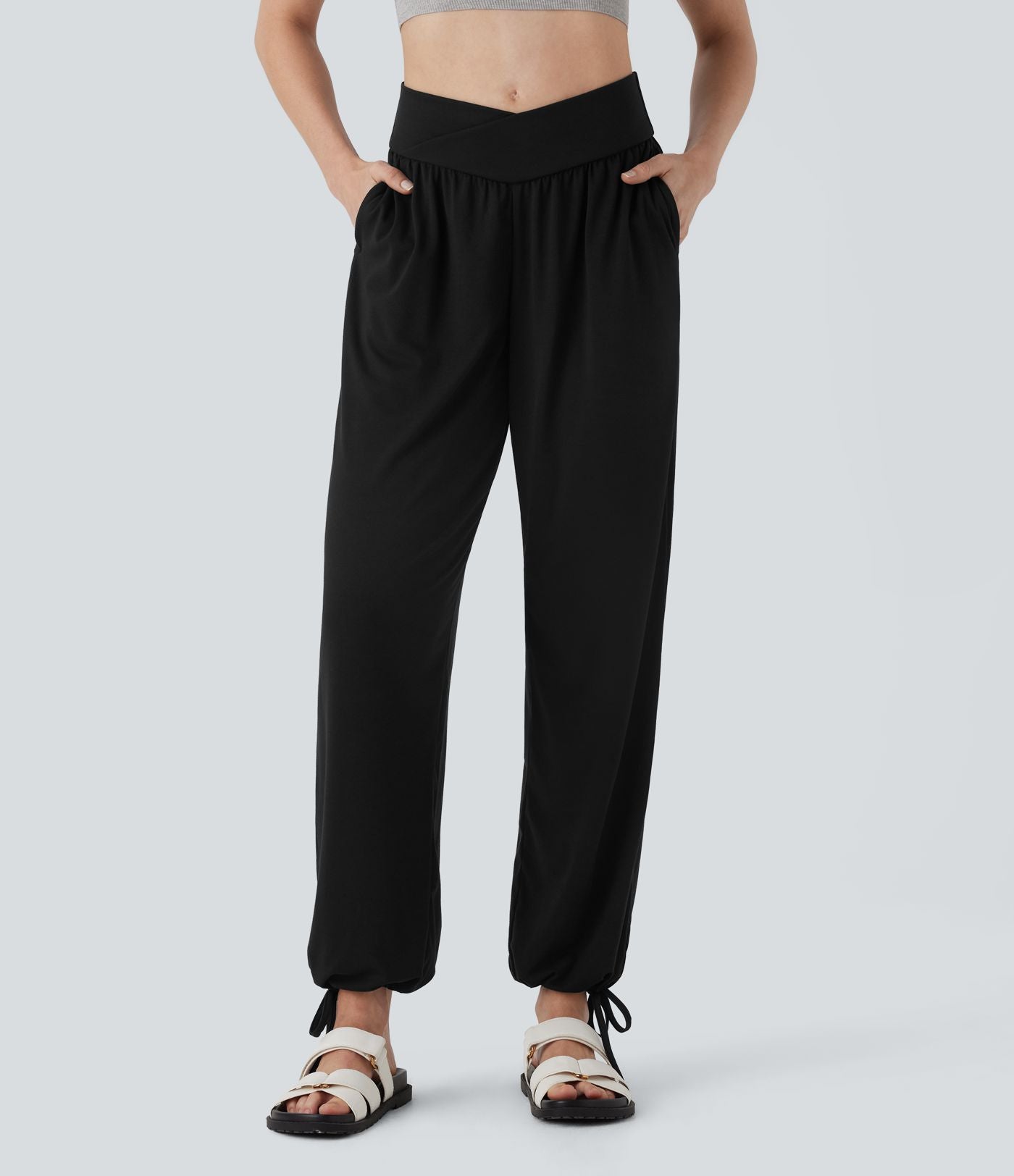 Pantalon de jogging décontracté à taille haute croisée avec poches latérales et cordon de serrage