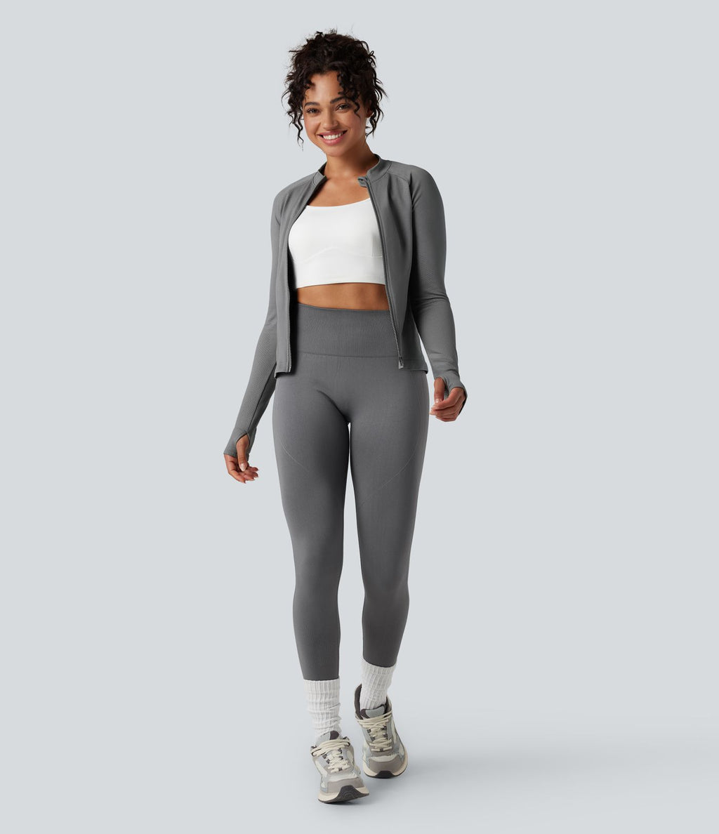 Veste de yoga Seamless Flow à fermeture éclair, manches longues et trous pour les pouces