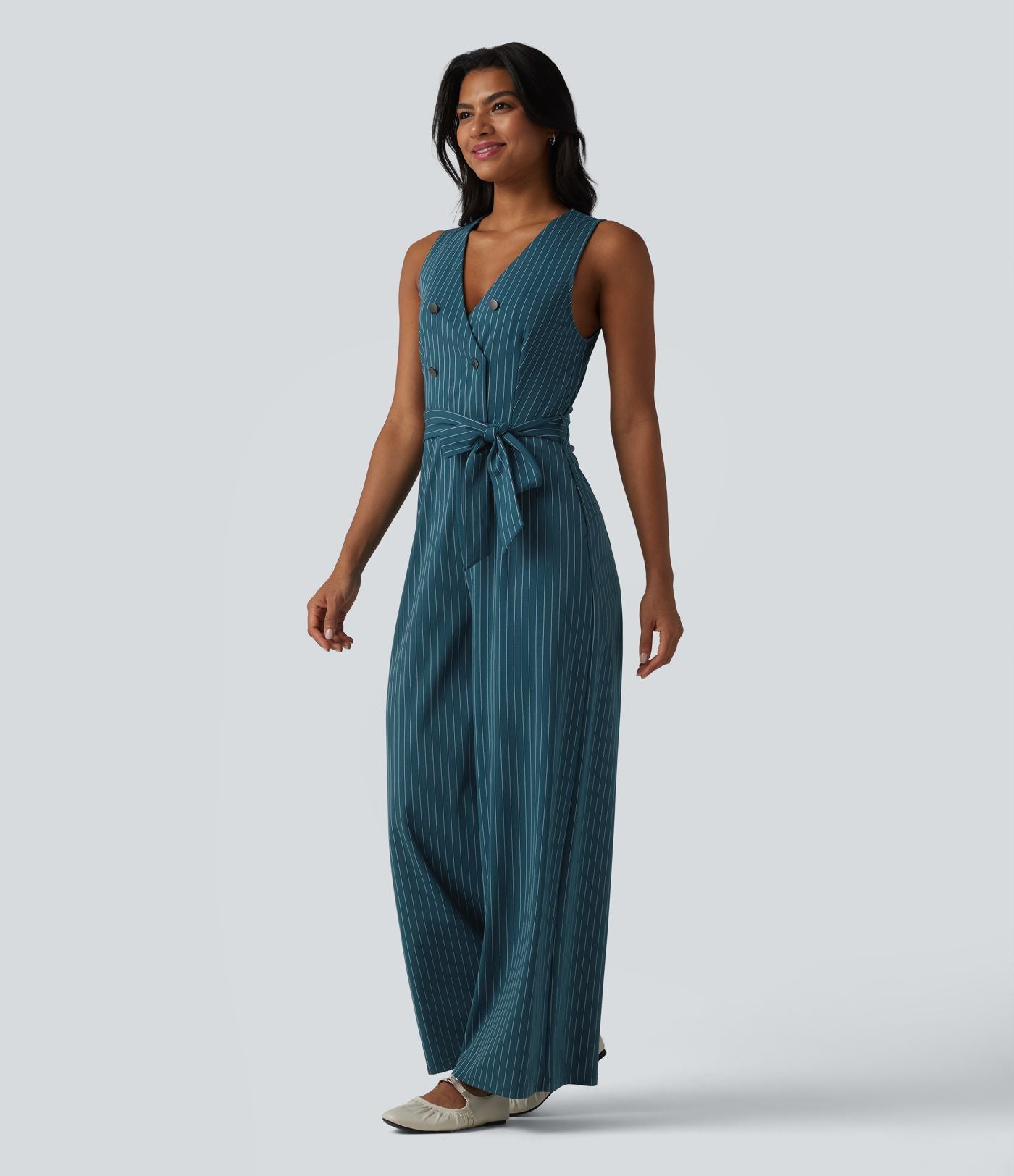 Combinaison tailleur sans manches à col V, ceinturée, avec zip invisible, rayures et effet frais avec poches, accès facile Easy Peasy