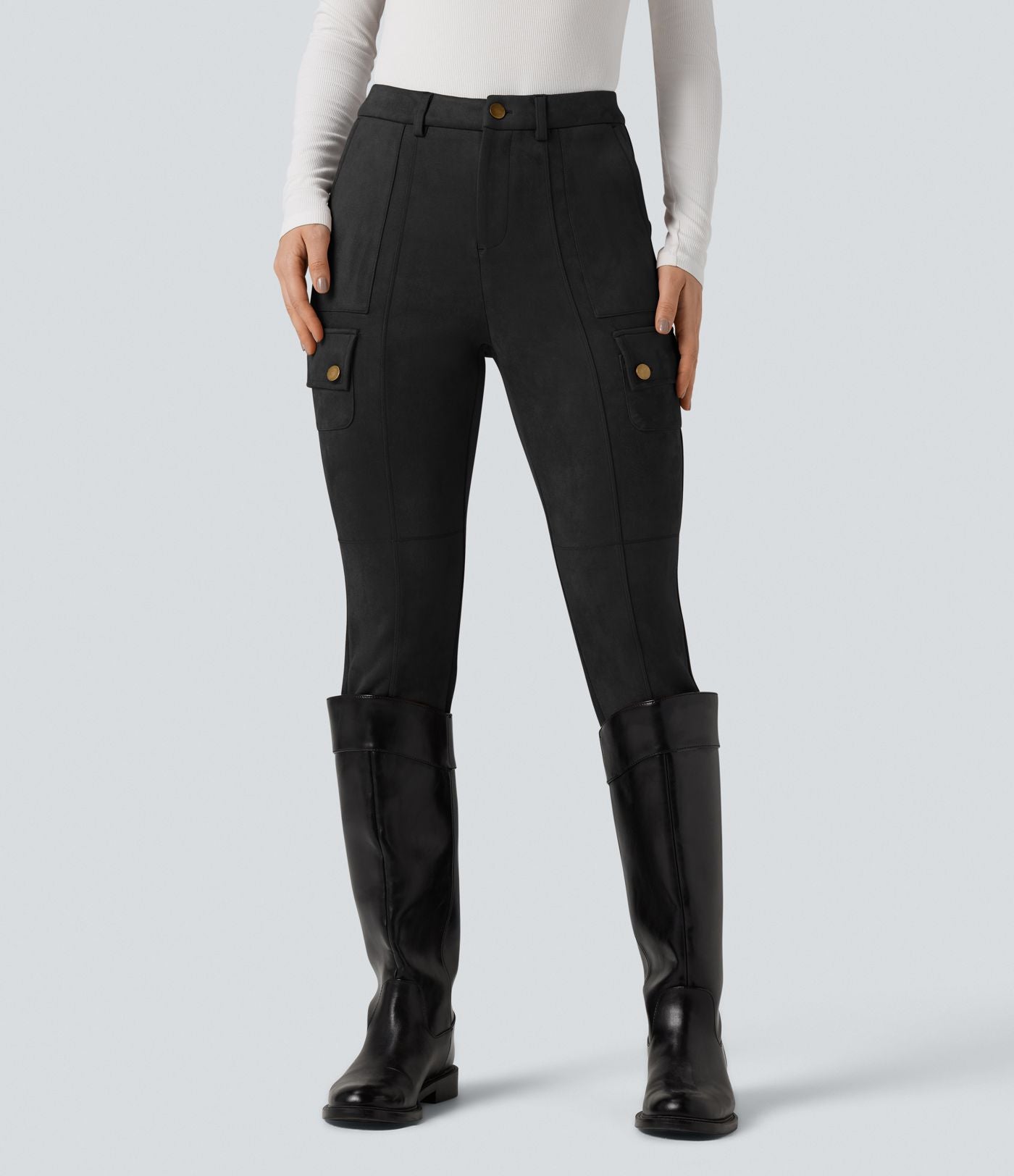 Pantalon cargo équestre en suède, taille haute, avec poches