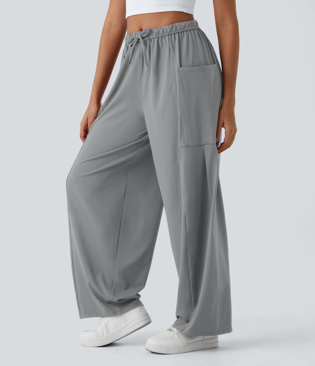 Pantalon Large Fluide Taille Mi-Haute Taille Élastique Cordon Poches Latérales Ourlet Flottant