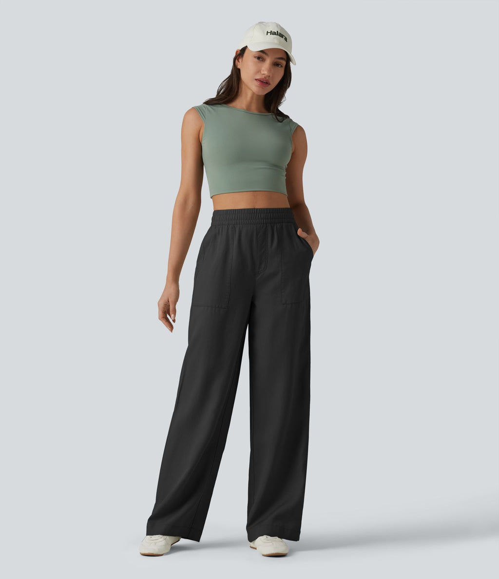 Pantalon large fluide décontracté taille haute en lyocell et lin mélangé avec cordon de serrage intérieur et poches