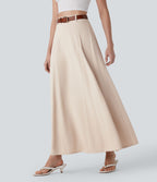 Jupe longue évasée à taille haute avec fermeture éclair invisible, aspect lin