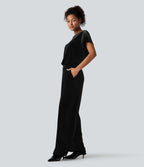 Combinaison tailleur velours col rond manches courtes avec poches