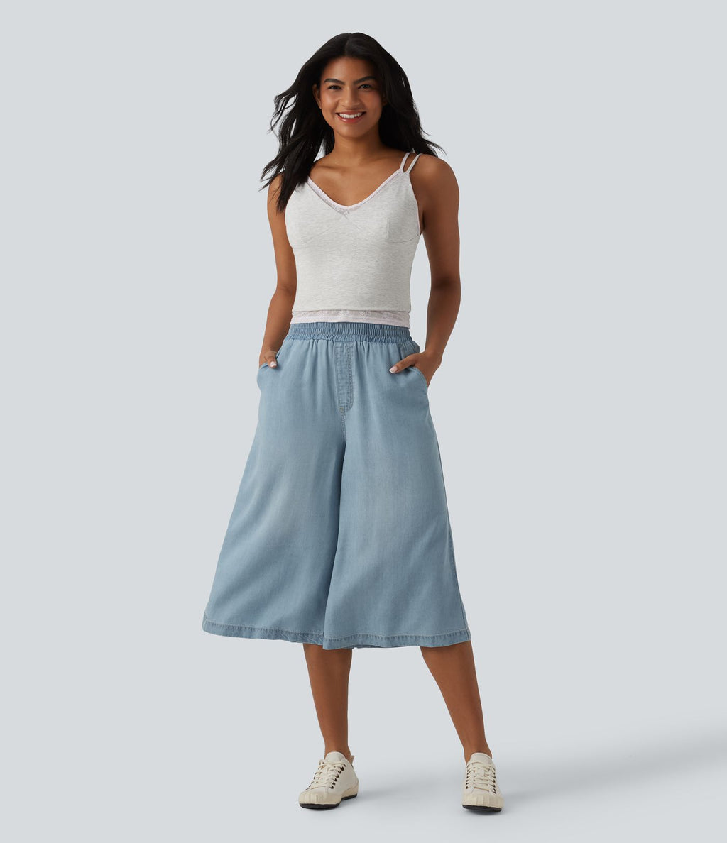 Jean large casual capri taille haute en lyocell avec poches