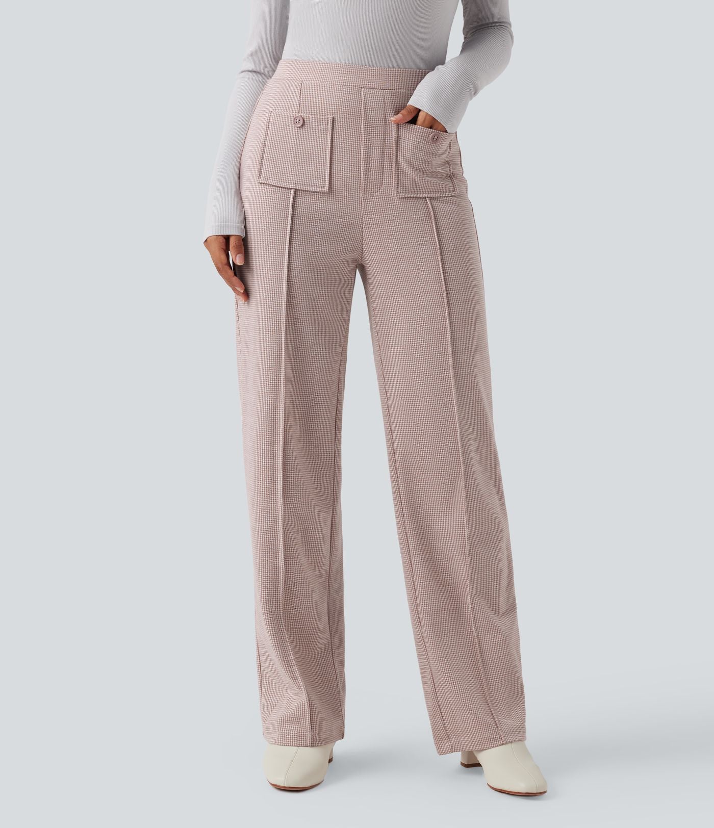 Pantalon tailleur taille haute à coupe droite pied-de-poule avec poches Halara Flex™