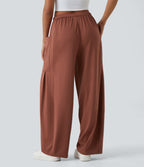 Pantalon Large Fluide Taille Mi-Haute Taille Élastique Cordon Poches Latérales Ourlet Flottant