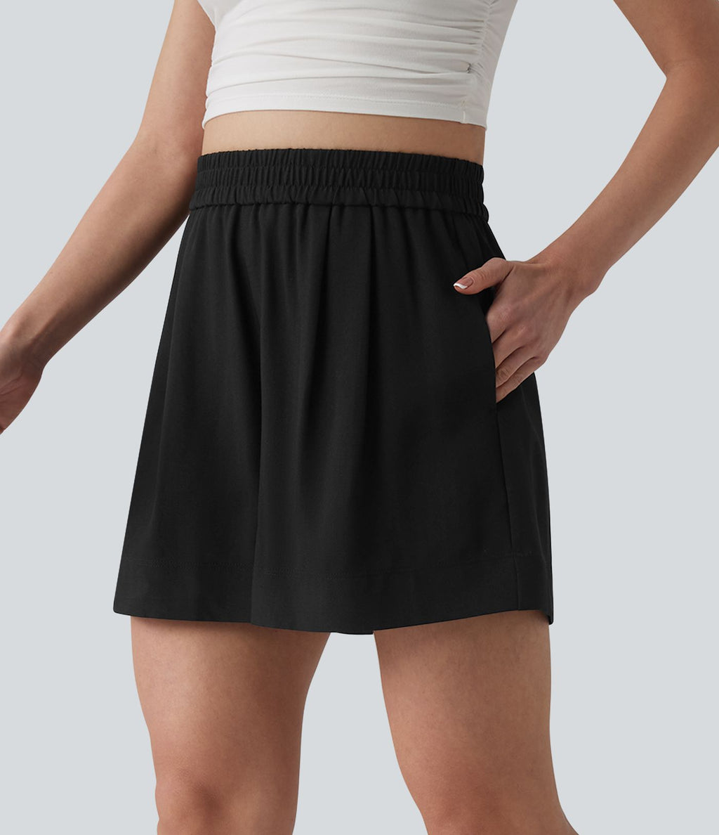 Short décontracté aspect lin taille haute avec poches