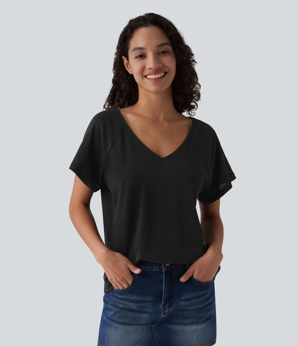 T-shirt casual col V manches raglan courtes coupe ample