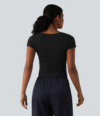 T-shirt décontracté col V manches courtes en jersey de coton avec soutien-gorge intégré push-up et fronces