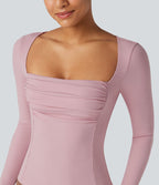 T-shirt tailleur côtelé col carré froncé manches longues