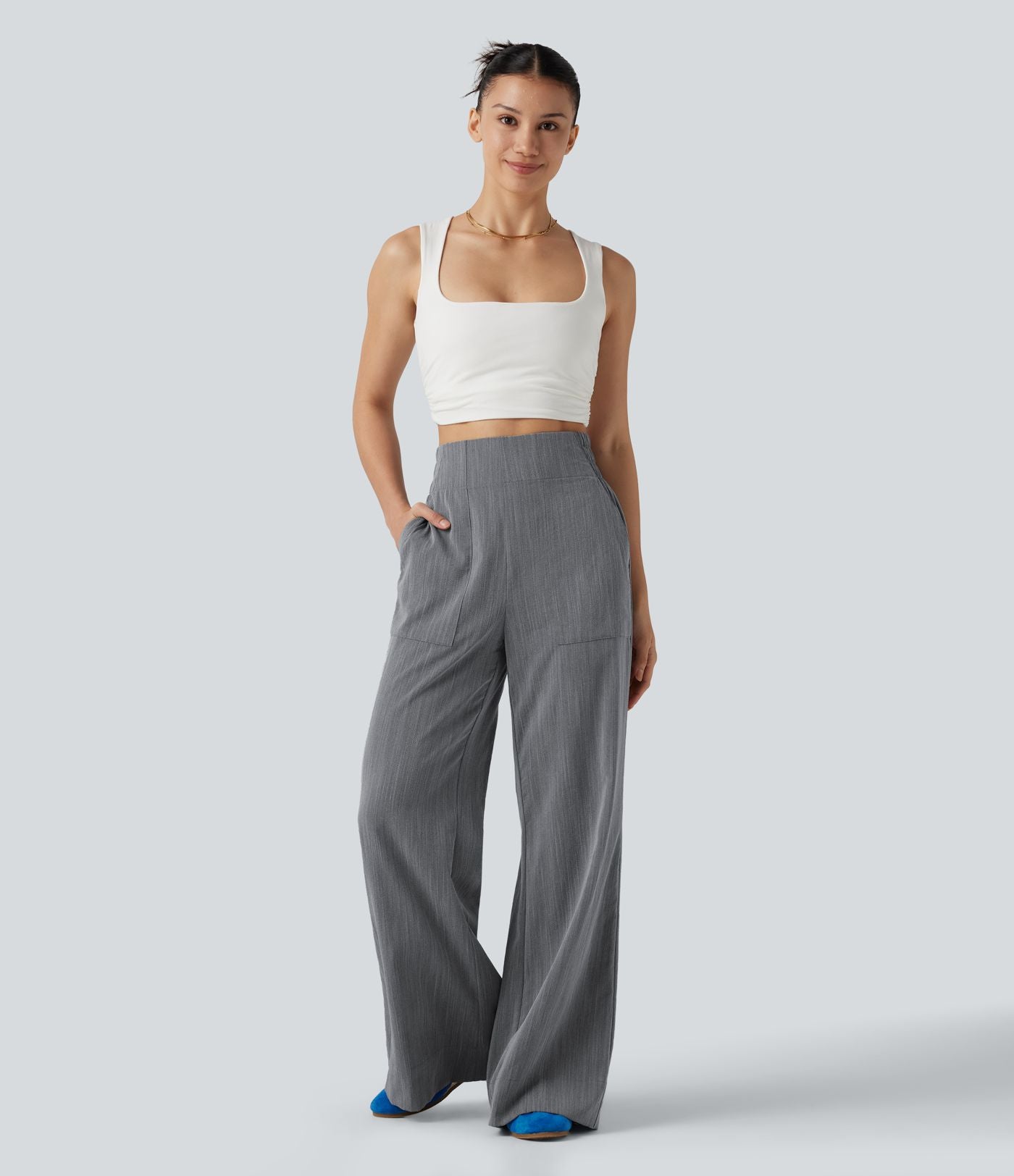 Pantalon flare taille haute effet lin avec poches