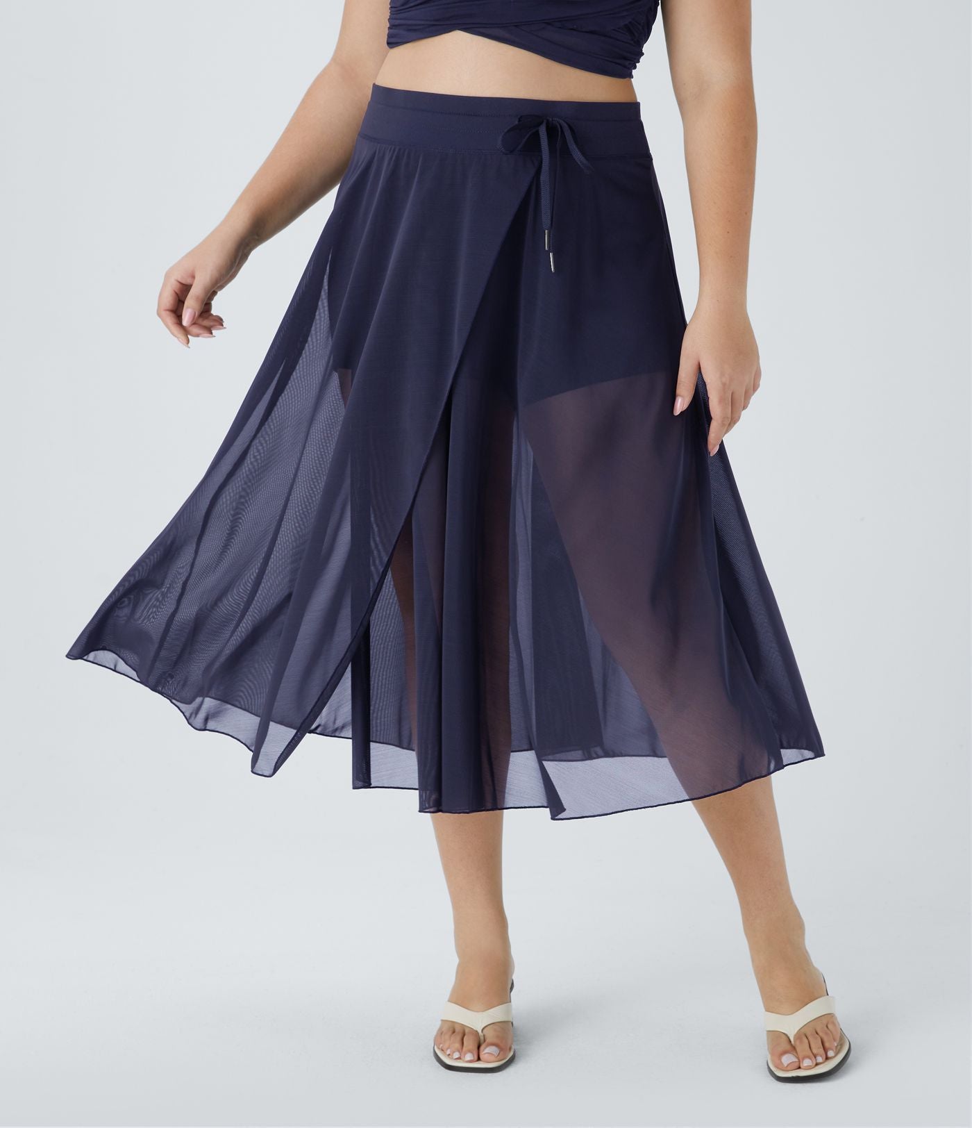 Jupe Taille Haute 2 En 1 En Maille Contrastée Avec Cordon De Serrage Et Poche Latérale Fluide Evasée Casual Grande Taille