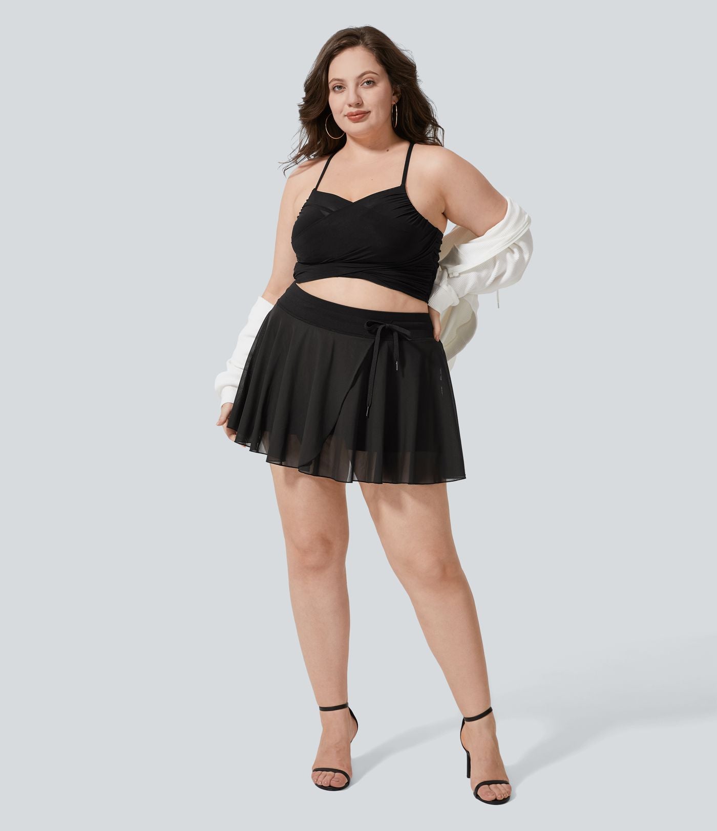 Taille haute Cordon Contraste Maille 2-en-1 Poche Latérale Fluide Mini Flare Décontracté Grande Taille Jupe