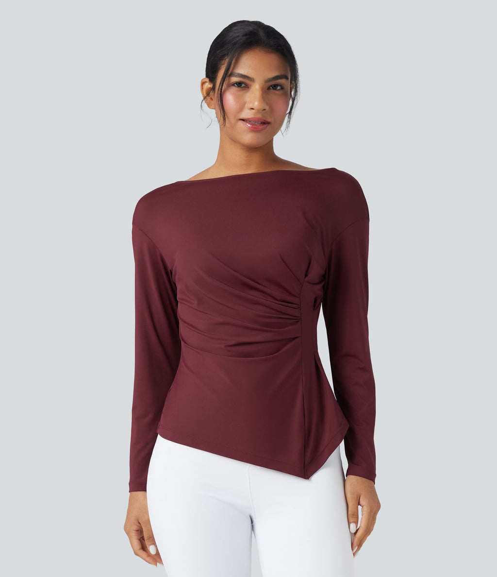 Blouse de travail ajustée col bateau manches longues froncée à ourlet asymétrique