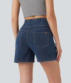 Halara Flex™ Short décontracté évasé à jambe large en denim extensible délavé taille haute croisée avec poches multiples