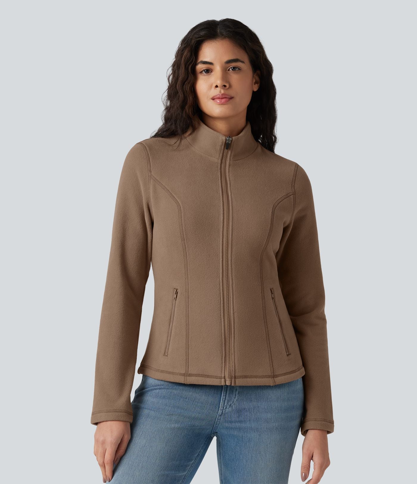 Veste polaire décontractée coupe ajustée à col montant, fermeture zippée et poches