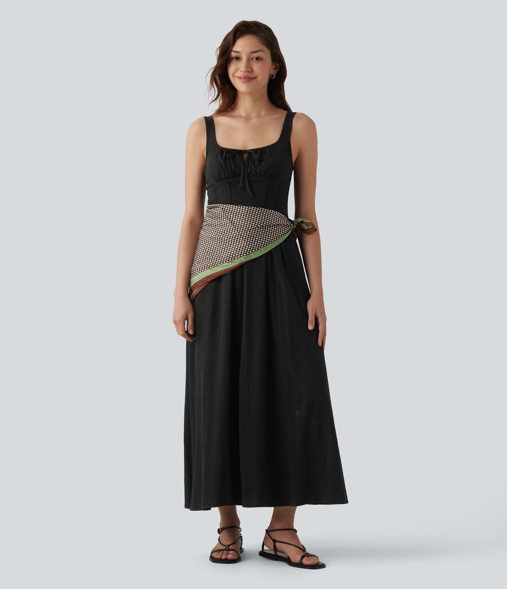 Robe mi-longue casual aspect lin col U avec nœud devant corset