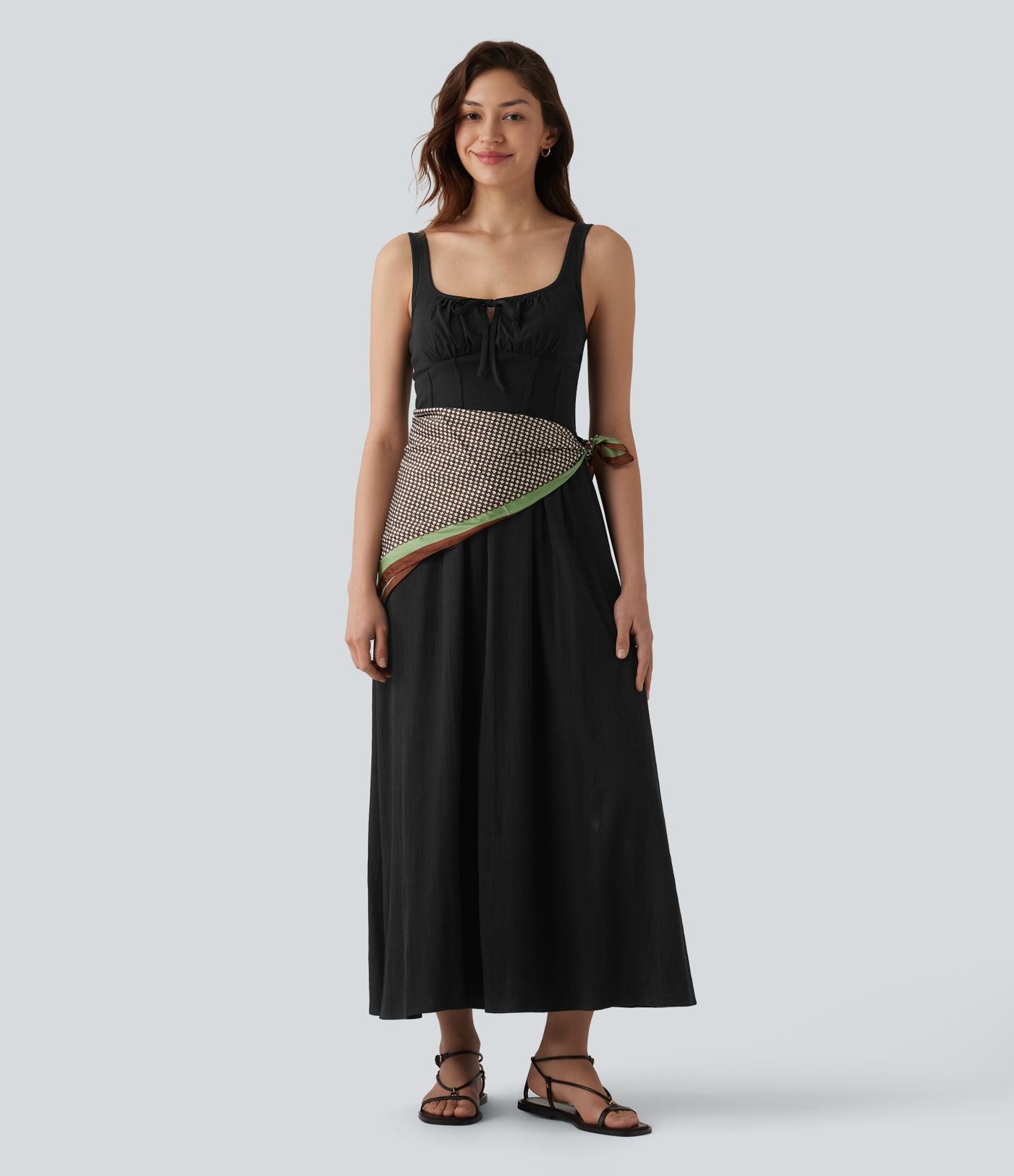 Robe mi-longue casual aspect lin col U avec nœud devant corset