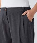 Pantalon Casual Grande Taille Velours Côtelé Taille Mi-haute Boutonnés Fermeture Éclair Poches Latérales