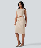 Robe mi-longue moulante tailleur col rond sans manches