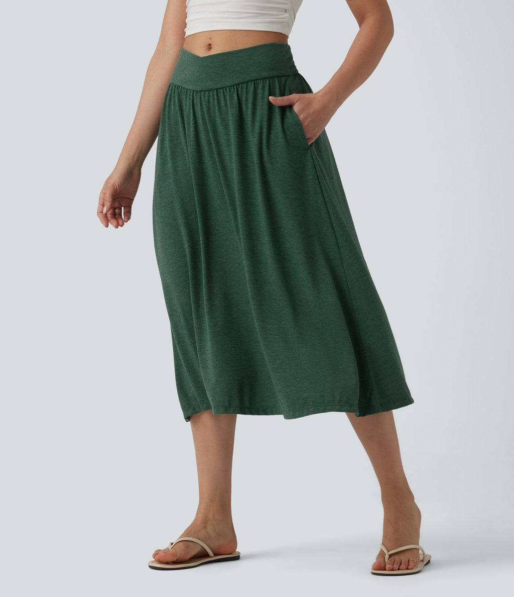 Jupe midi casual fluide croisée taille haute avec poches