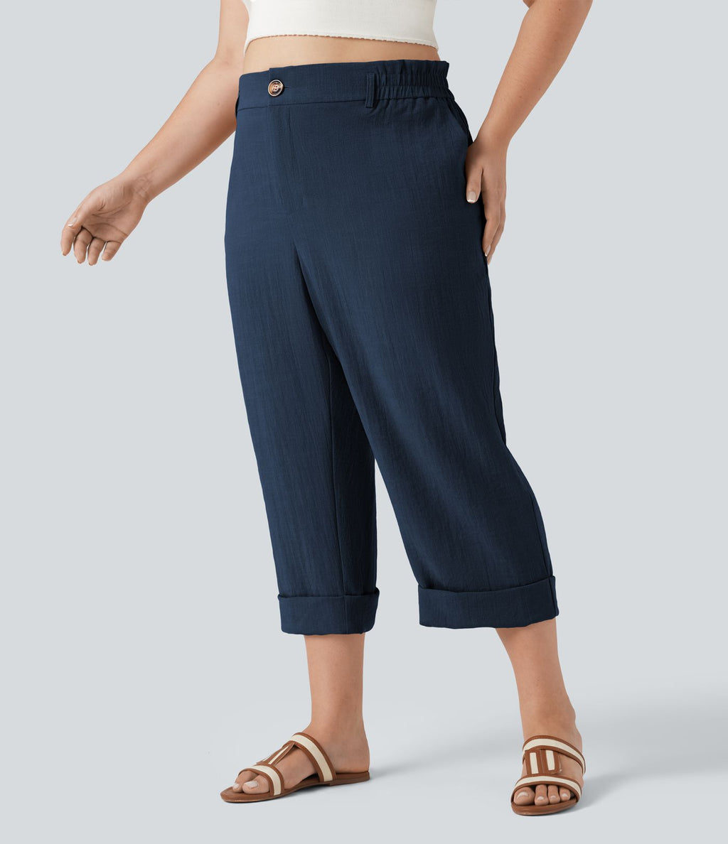 Pantalon de villégiature capri effet lin, grande taille, taille haute, avec poches