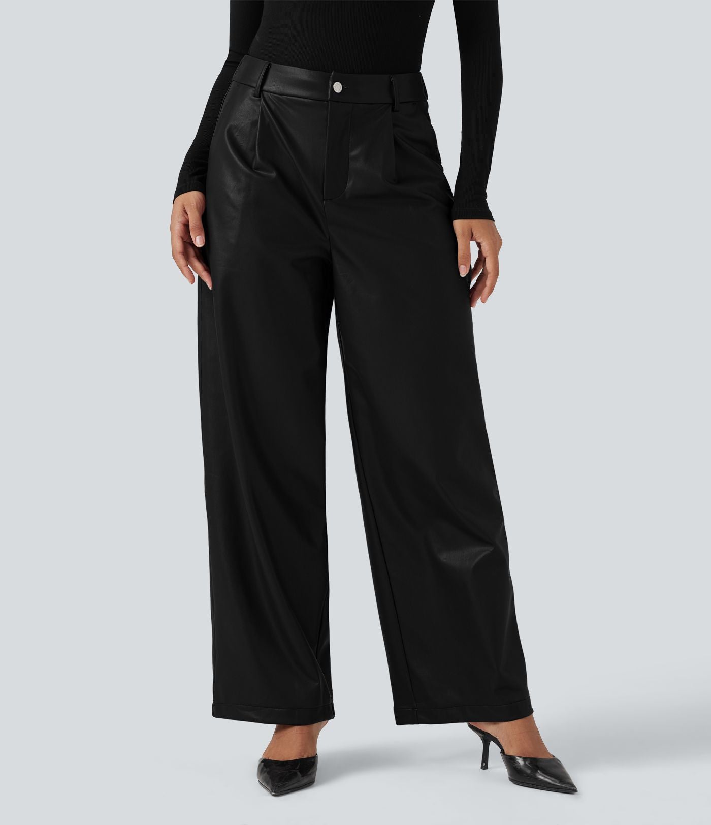 Pantalon large en tissu enduit molleton taille haute avec poches