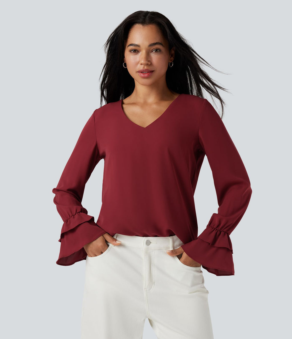 Blouse col V à volants manches longues