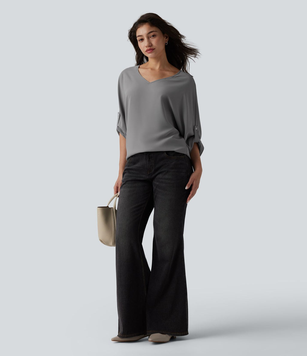 Blouse esprit bureau défroissage facile, col V et manches longues