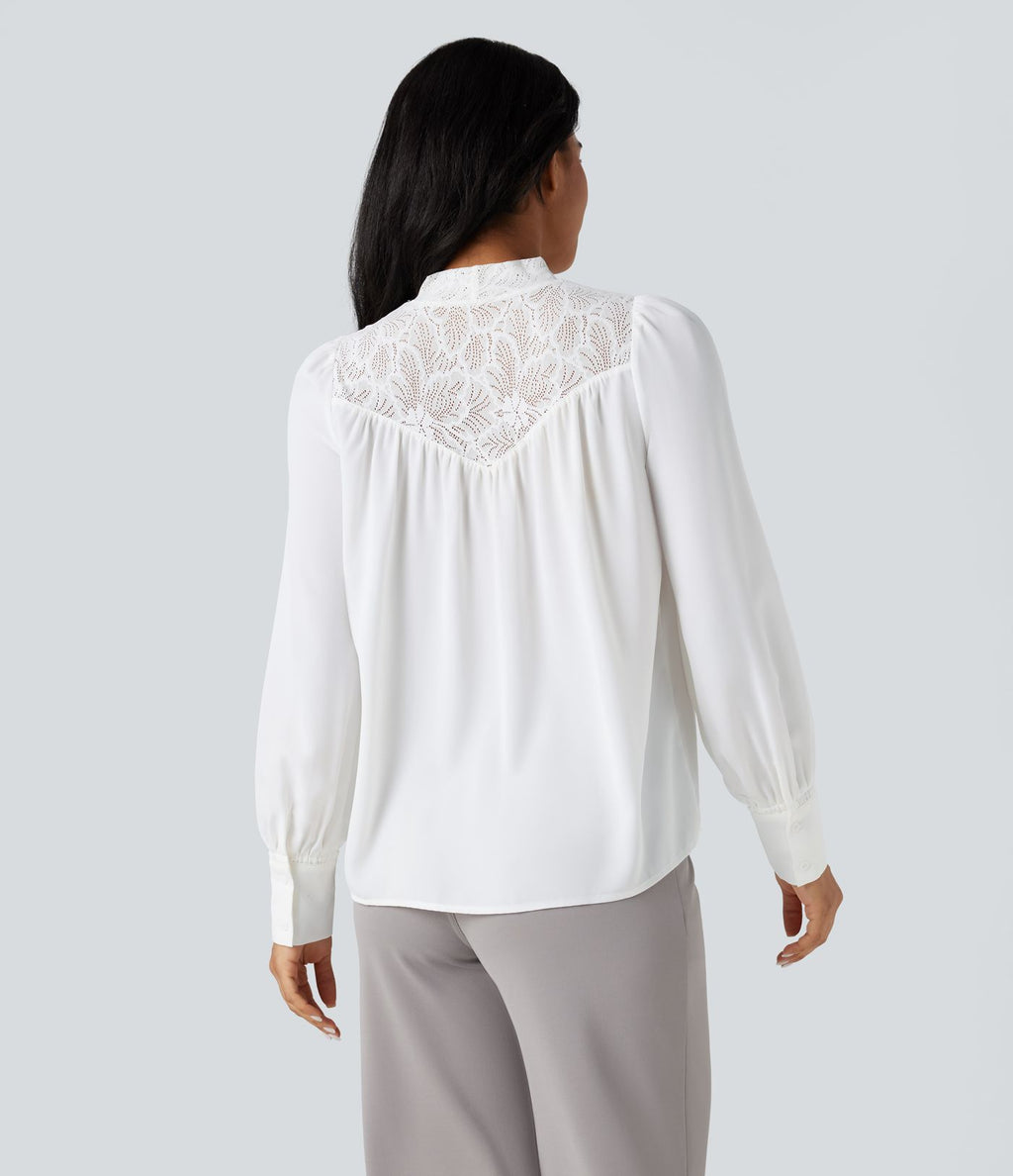 Chemise tailleur col montant dentelle contrastante manches longues