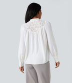 Chemise tailleur col montant dentelle contrastante manches longues
