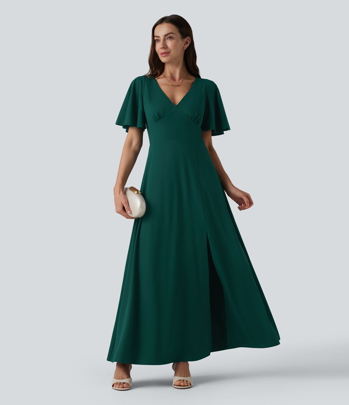 Robe longue fluide de demoiselle d'honneur et d'invitée de mariage, fendue, à manches à volants et col V profond, avec soutien-gorge intégré et poches