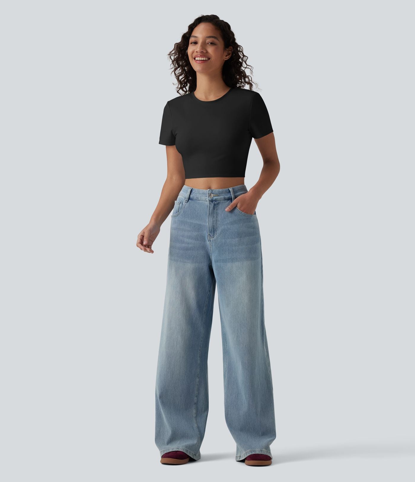 Crop-top Halara décontracté en jersey de coton, col rond, manches courtes