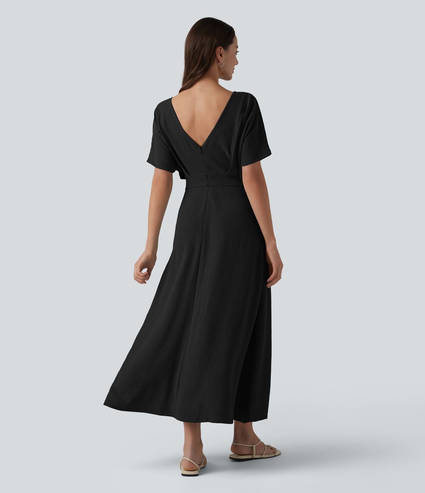 Robe midi col V manches courtes aspect lin avec poches