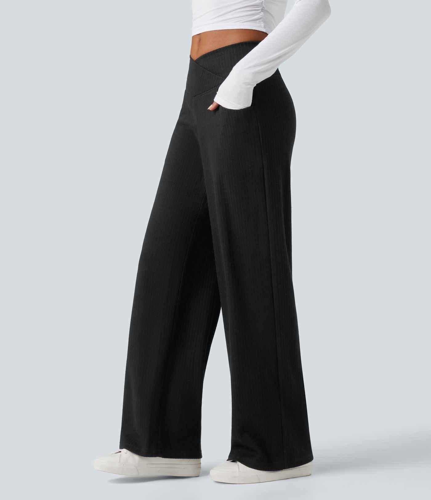 Pantalon droit décontracté côtelé croisé gainant taille haute avec poches