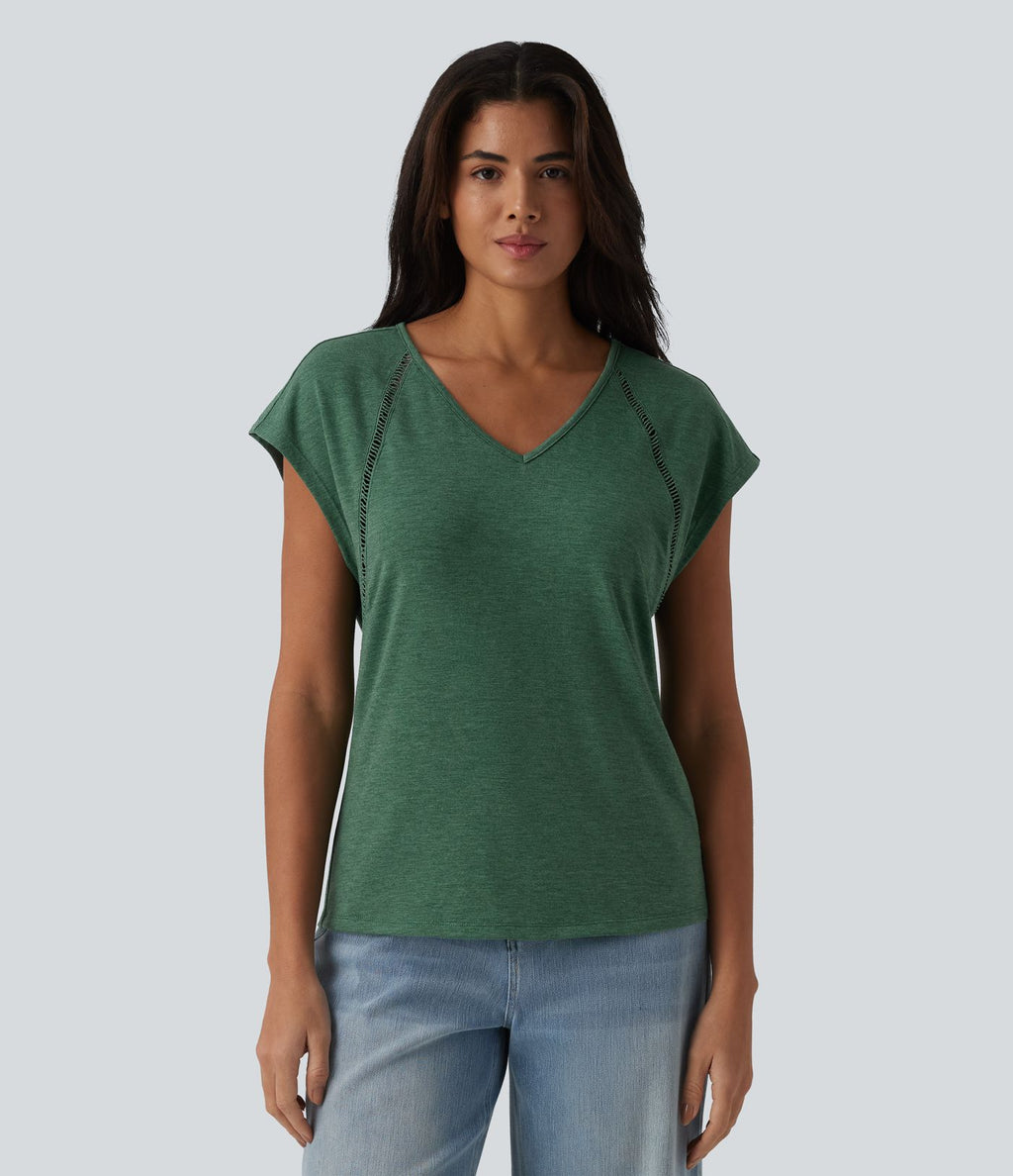 T-shirt casual chiné col V à manches courtes chauve-souris