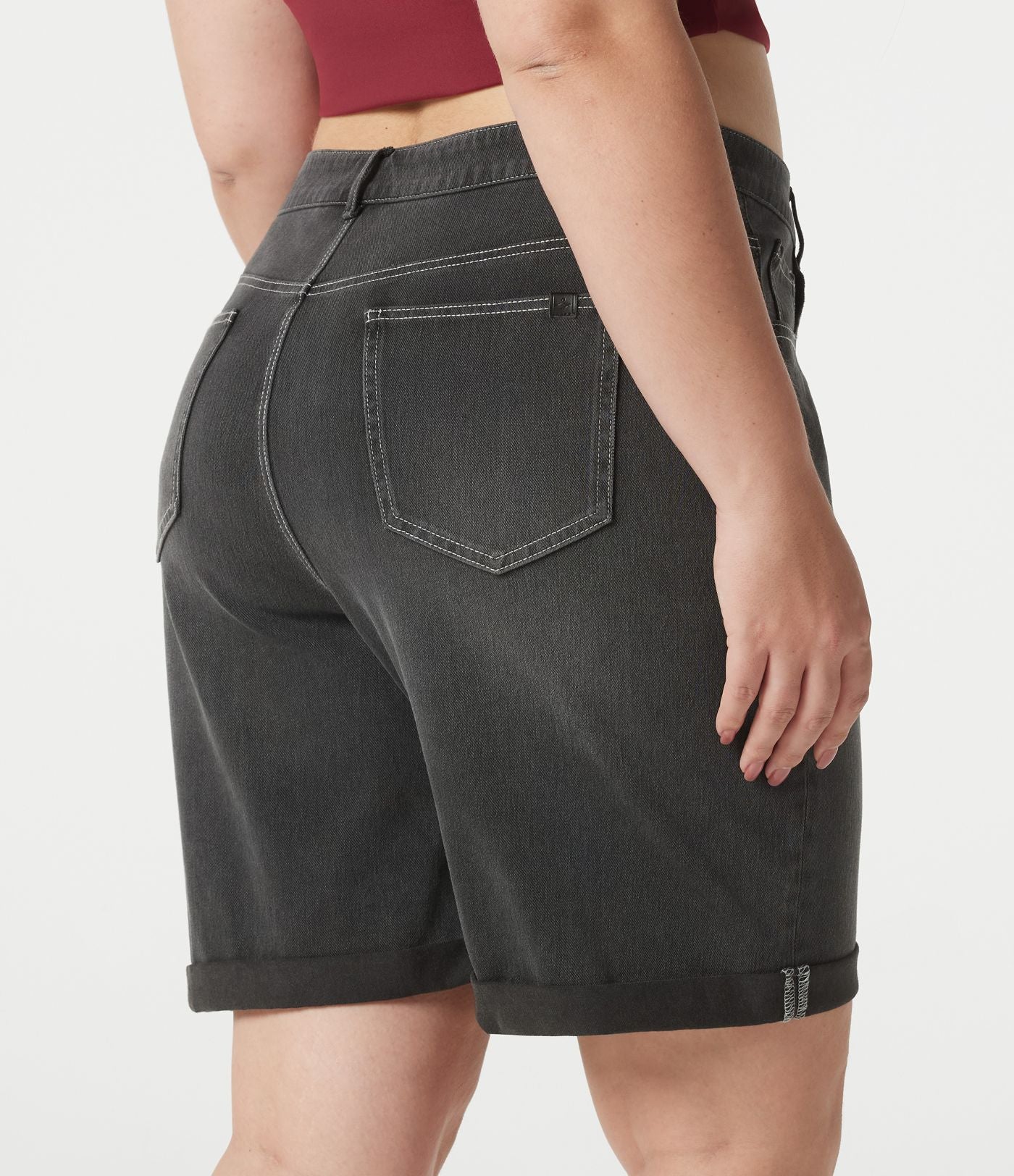 Short bermuda casual denim grande taille Halara Flex™ tricot extensible délavé taille haute multiples poches ourlet roulotté