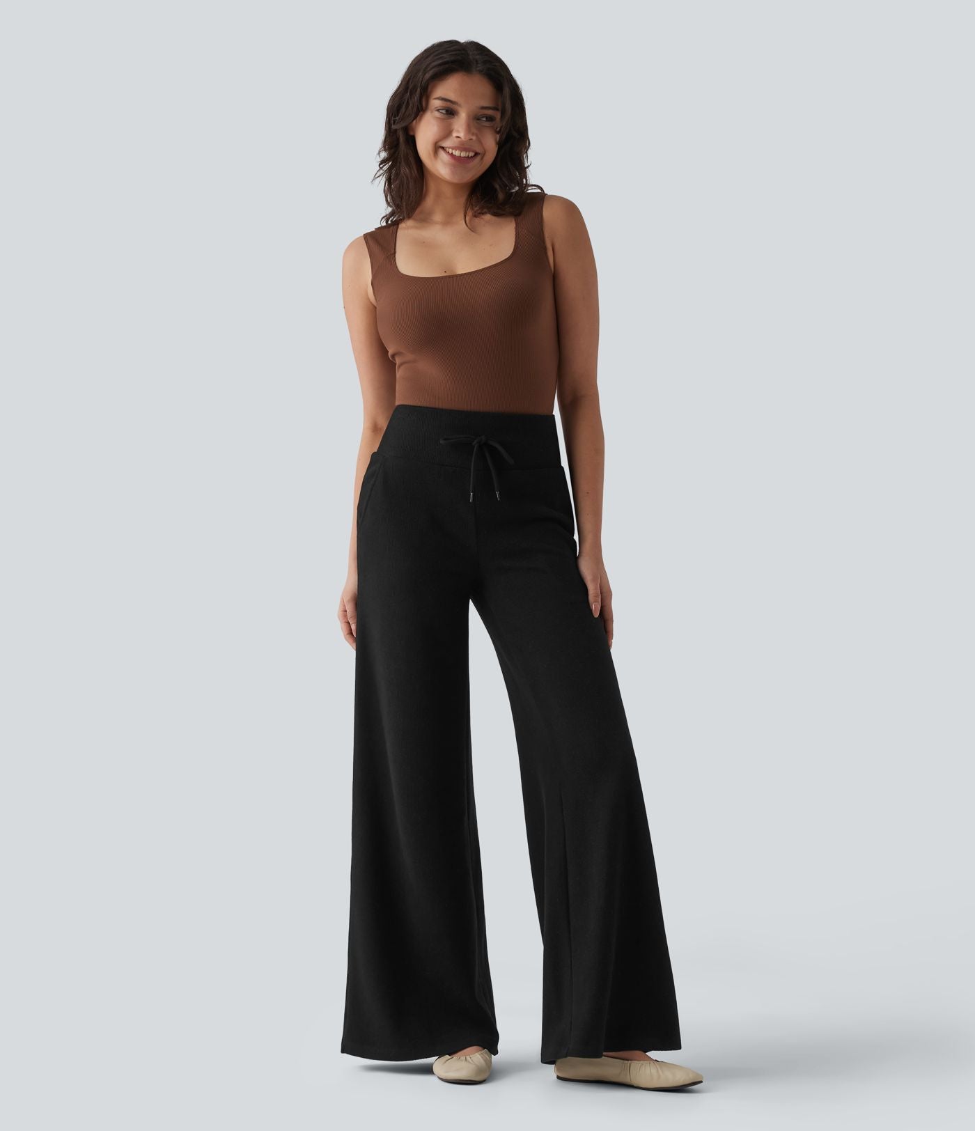 Pantalon casual bootcut gainant taille haute à cordon de serrage en maille côtelée avec poches