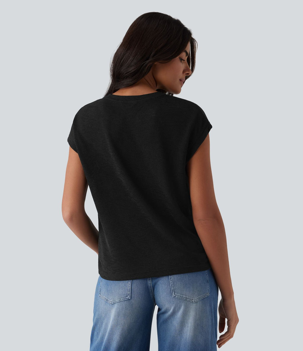 T-shirt décontracté semi-transparent col cranté manches courtes